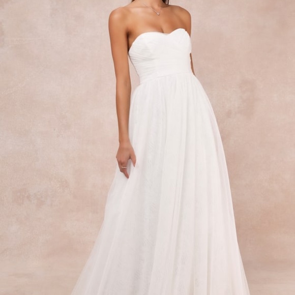 Lulus Blissful Forever White Tulle Lace Strapless Pleated Maxi Dress - Size XS - Picture 1 of 1